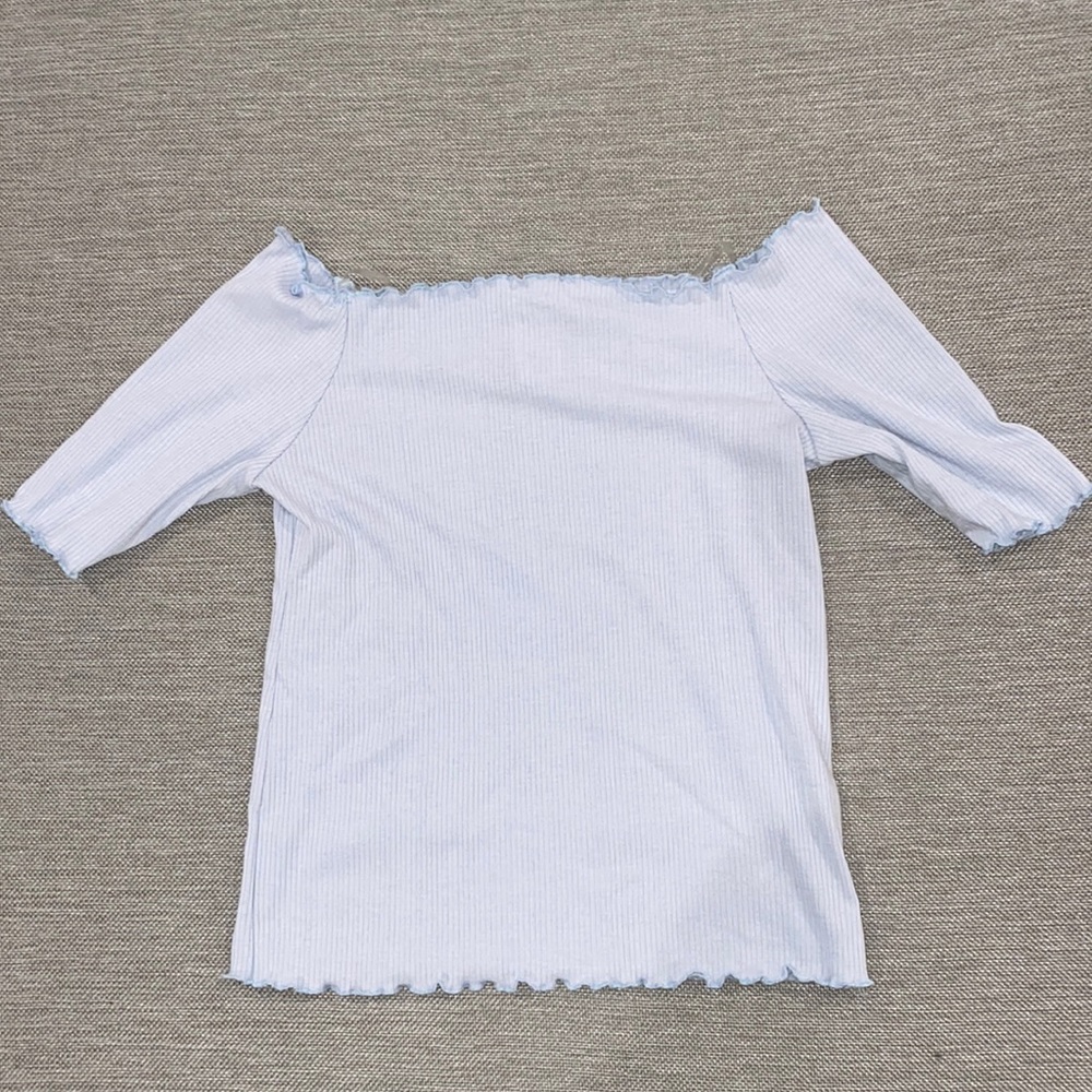 Caution to the wind baby blue off the shoulder cropped ribbed top Large